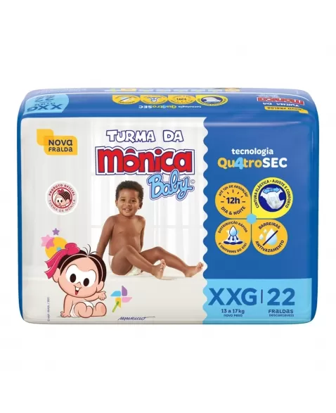 FRALDA DESCARTÁVEL INFANTIL TURMA DA MÔNICA BABY EXTRA, EXTRA GRANDE 13KG A 17KG PACOTE C/22 UNIDADES