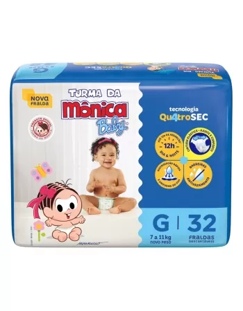 FRALDA DESCARTÁVEL INFANTIL TURMA DA MÔNICA BABY GRANDE 7KG A 11KG PACOTE C/32 UNIDADES