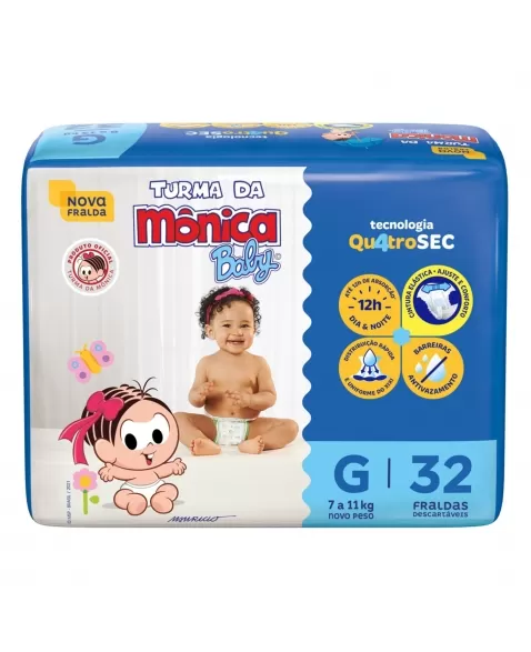 FRALDA DESCARTÁVEL INFANTIL TURMA DA MÔNICA BABY GRANDE 7KG A 11KG PACOTE C/32 UNIDADES