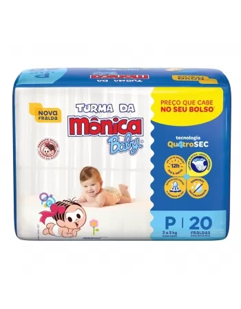 FRALDA DESCARTÁVEL INFANTIL TURMA DA MÔNICA BABY PEQUENO 3KG A 5KG PACOTE C/20 UNIDADES