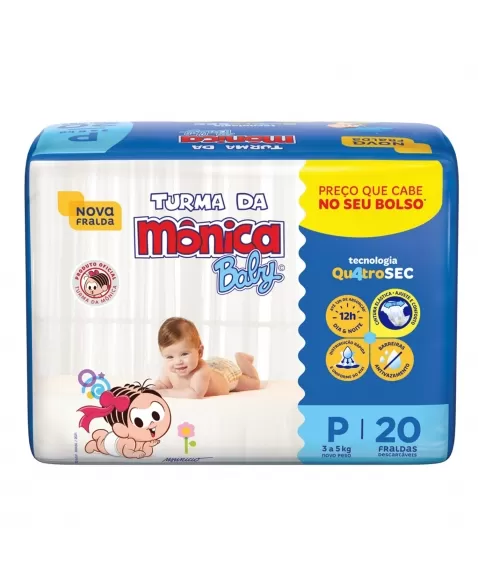 FRALDA DESCARTÁVEL INFANTIL TURMA DA MÔNICA BABY PEQUENO 3KG A 5KG PACOTE C/20 UNIDADES