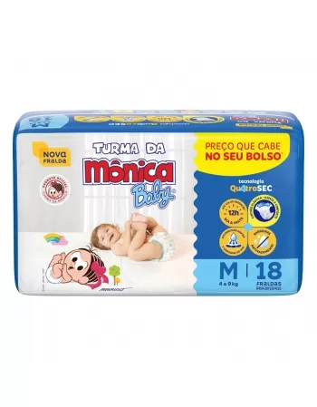 FRALDA DESCARTÁVEL INFANTIL TURMA DA MÔNICA BABY MÉDIA 4KG A 9KG PACOTE C/18 UNIDADES