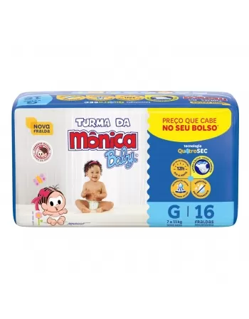 FRALDA DESCARTÁVEL INFANTIL TURMA DA MÔNICA BABY GRANDE 7KG A 11KG PACOTE C/16 UNIDADES