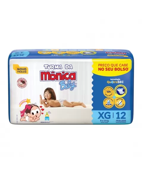 FRALDA DESCARTÁVEL INFANTIL TURMA DA MÔNICA BABY EXTRA GRANDE 9KG A 13KG PACOTE C/12 UNIDADES