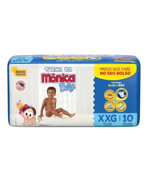 FRALDA DESCARTÁVEL INFANTIL TURMA DA MÔNICA BABY EXTRA, EXTRA GRANDE 13KG A 17KG PACOTE C/10 UNIDADES