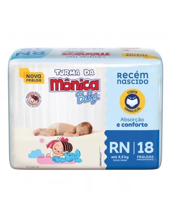 FRALDA DESCARTÁVEL TURMA DA MÔNICA BABY RECÉM-NASCIDO ATÉ 4,5KG PACOTE C/18 UNIDADES
