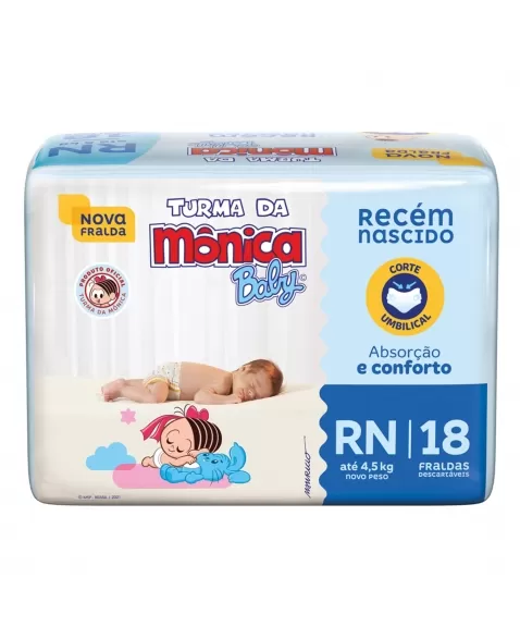 FRALDA DESCARTÁVEL TURMA DA MÔNICA BABY RECÉM-NASCIDO ATÉ 4,5KG PACOTE C/18 UNIDADES