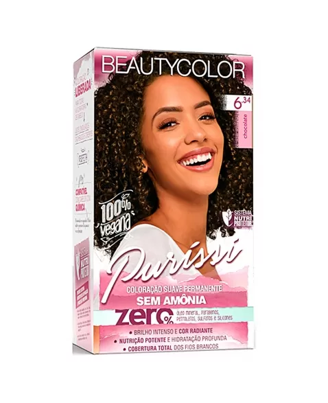 COLORAÇÃO SEM AMÔNIA BEAUTY COLOR PURÍSSI KIT 6.34 CHOCOLATE